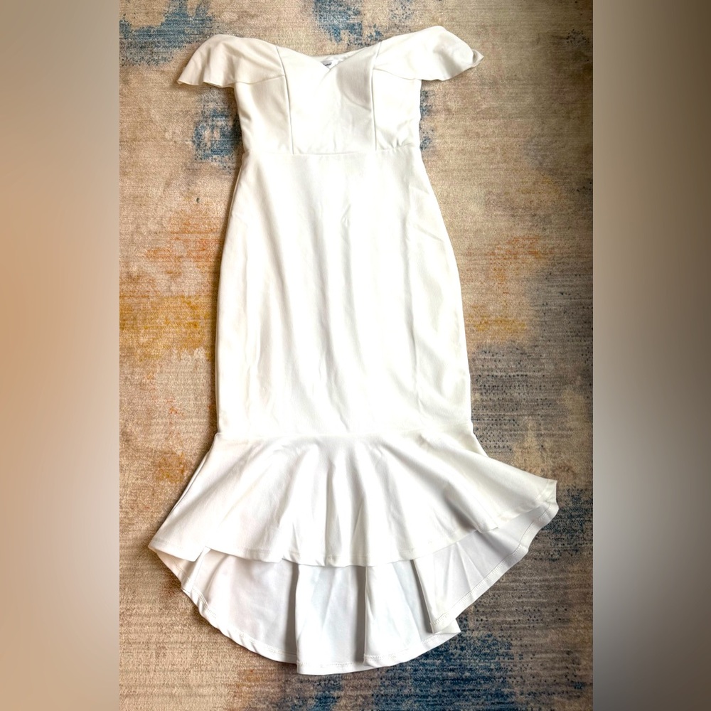 Emerald Sundae White Ruffled Off-Shoulder High Low Sheath Dress